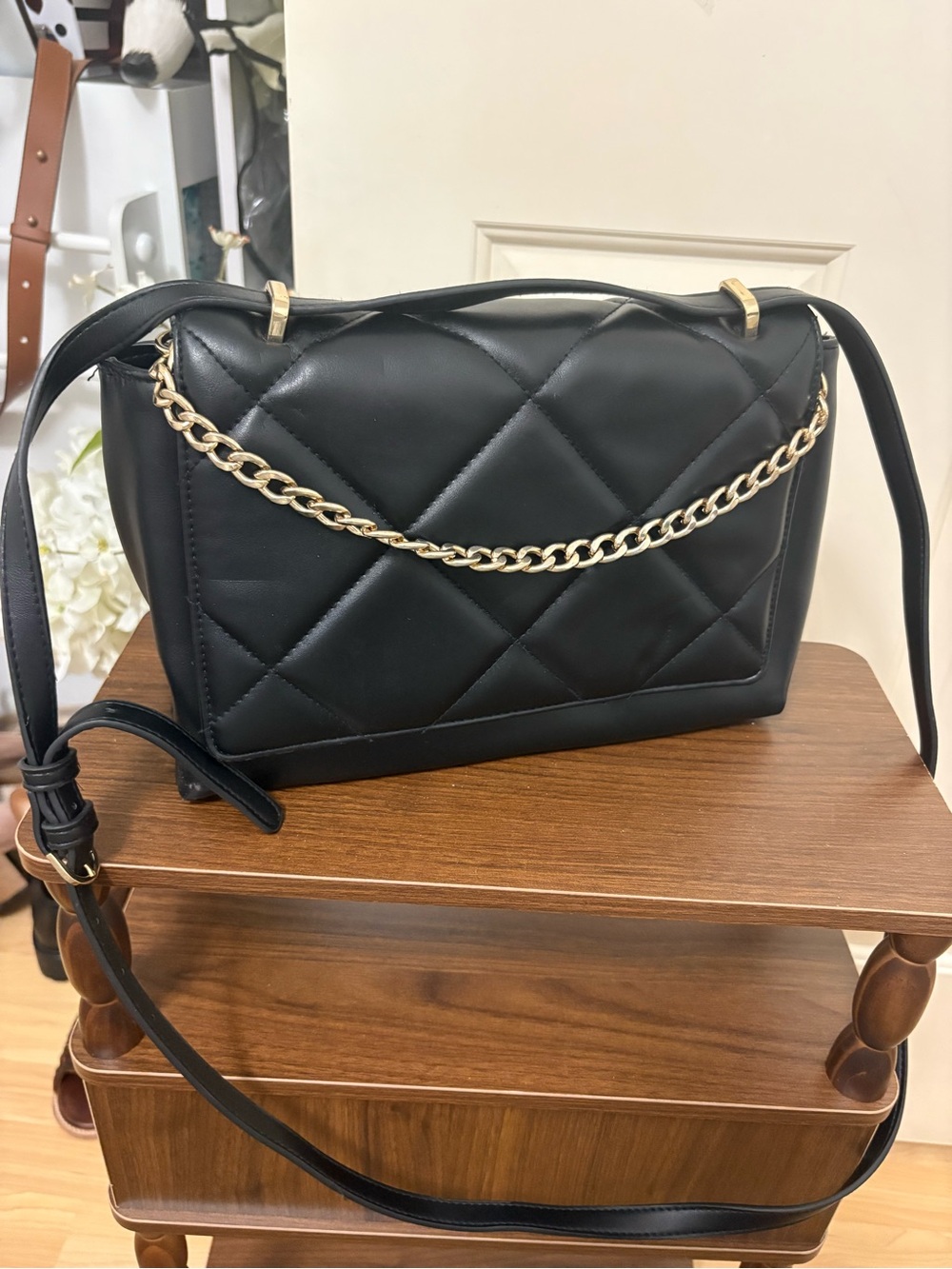 a new day Quilted Black Crossbody Bag with Gold Chain
